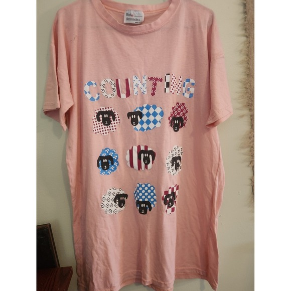 hang arounds Tops - Vintage Womens Single Stitch Pink Counting Patterned Sheep Shirt OSFA‎
